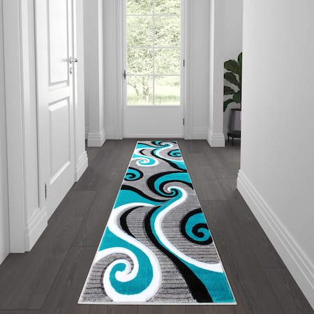 Turquoise 2' X 7' Modern Plush Abstract Area Rug